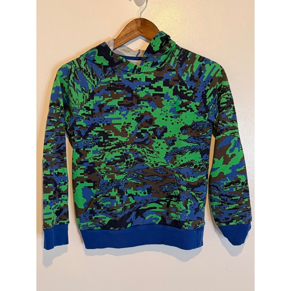 Under Armour Boys Medium Green Blue Digital Camo Rival Fleece Hoodie Pullover